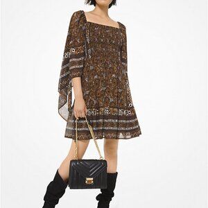 MICHAEL KORS SMOCKED BOHO PAISLEY SCARF DRESS SZ 14